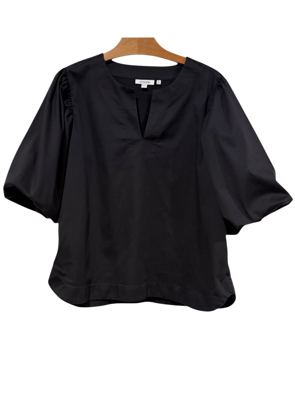 Chico's 2 Black Puff Elbow Sleeve Split Neck Blouse Large